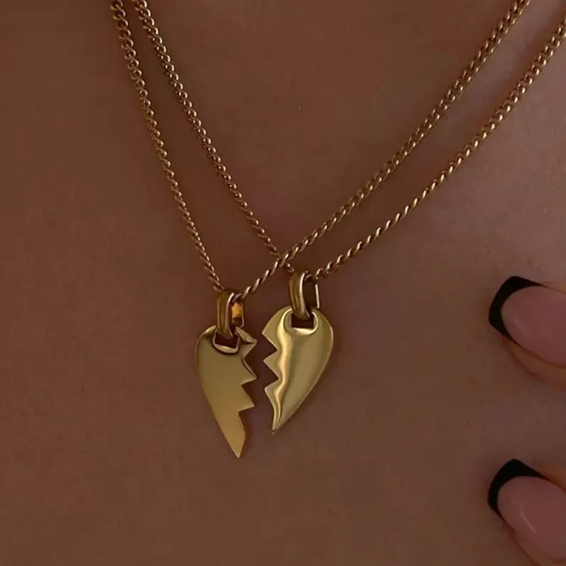18K Gold Plated Stainless Steel 2 Two Piece Lip Bff Broken Half Split Love Heart Pendant Best Friend Necklace for 2 Couples