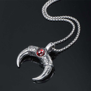 European American Style <b>Titanium</b> Steel Mayan Bull Horn Pendant With Ruby Bezel Setting Spike Themed Animal Zodiac Charm SP700 - Product Image 2