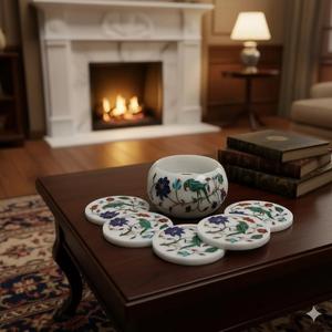 Luxury round white <b>marble</b> <b>coasters</b> set with holder featuring intricate shell stone inlay available at wholesale prices - Product Image 2