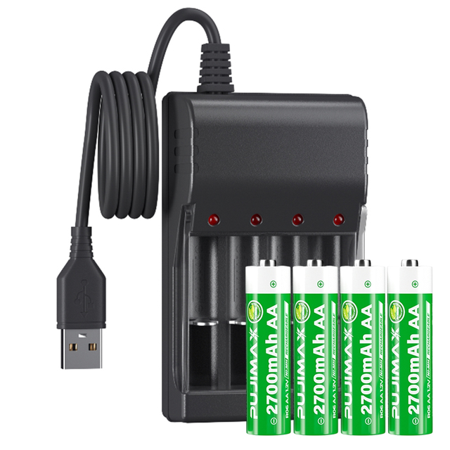 PUJIMAX Universal AA 2700mwh 1.2V Battery 4pcs Ni-mh Rechargeable Batteries Replacement Battery with USB Charging Fast Charger