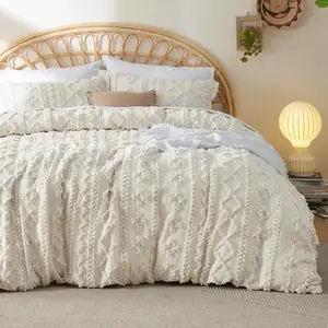 Fluffy Duvet Set Boho Duvet Cover Queen 3 Pieces Soft Shabby Chic Embroidery Boho Bedding Duvet Cover