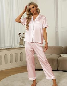 Set <span class=keywords><strong>Pigiama</strong></span> in <span class=keywords><strong>Raso</strong></span> a Maniche Corte, Comodo Completo da Notte, Morbido Abbigliamento per il Relax - Product Image 2