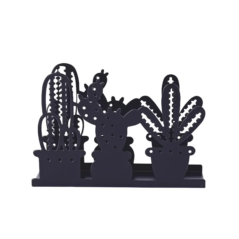 Wholesale in bulk stock cheap kitchen dinner plant cactus shape funny design black metal iron napkin holder