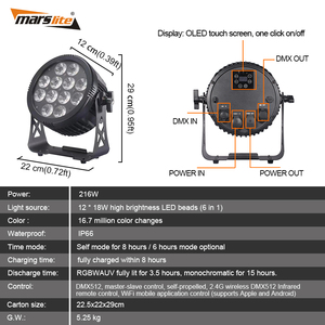 ไฟ <span class=keywords><strong>LED</strong></span> สำหรับเวทีกลางแจ้งไร้สายแบตเตอรี่ไร้สาย Wi-Fi 12*18W กันน้ำ IP66