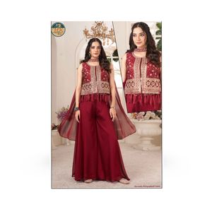 Traje Palazzo Bordado Color Granate de Diseñador para Mujer, Ropa Tradicional India para Bodas, Fiestas y Eventos Festivos con Dupatta - Product Image 3