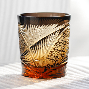 Vaso japonés Edo Kiriko estilo antiguo de 8oz-ámbar azul whisky agua cerveza vino cóctel Copa con grabado - Product Image 2
