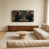 Meuble TV incurvé double face, meuble TV moderne à profil bas avec plateau en pierre et grand espace de rangement dissimulé pour le salon