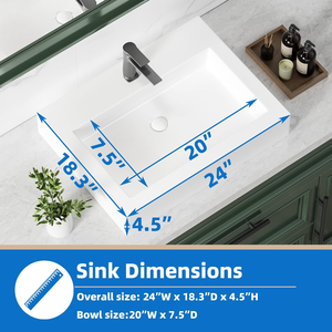 Lavabo da Appoggio Moderno 24 Pollici, Lavandino Rettangolare in Porcellana Bianca 24 X 18.3, Vasca Bassa da Bancone, Garanzia 5 Anni - Product Image 2