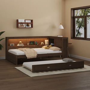 Walnut Wood <b>Sofa</b> <b>Bed</b> L Shape With Led Light Storage Convertible Bedroom Furniture - Product Image 1