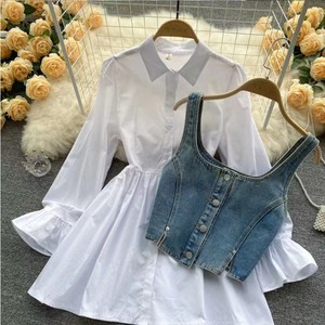 Set da donna straniero 2023 New Korean Edition Denim Sling + Shirt Dress Set a due pezzi - Product Image 3