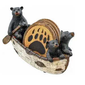 polyresin rustic 3 Black Bears Canoeing Coaster Set - 4 Coasters Rustic Cabin Canoe Cub Decor