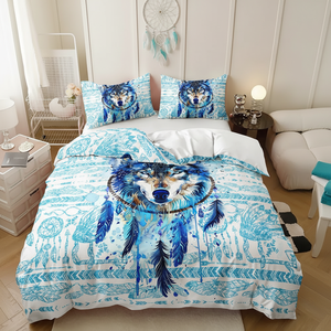 Ensemble <span class=keywords><strong>de</strong></span> housse <span class=keywords><strong>de</strong></span> <span class=keywords><strong>couette</strong></span> pour chambre à coucher imprimé sur le thème du loup, <span class=keywords><strong>attrape</strong></span>-rêves ethnique bleu - Product Image 1