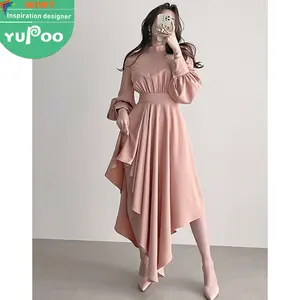 आगमन 2024 वसंत नई फ्रेंच सुरुचिपूर्ण सेक्सी फैशन स्वभाव लंबी प्रोम अनियमित डिजाइन स्टैंड-अप कॉलर लंबी आस्तीन वाली पोशाक