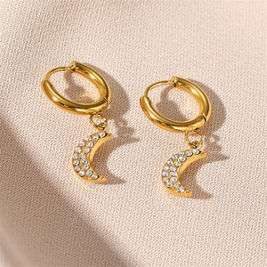 Pendientes de Aro con Colgante de Luna en Acero Inoxidable y Circonita, Bañados en Oro de 18k, Populares - Product Image 4