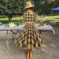 Gaun Midi A-Line OUFEI Custom Vintage Plaid dengan Kerah Pita, Pinggang Tinggi, Lengan 3/4, untuk Pesta Kasual