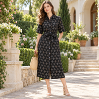 Robe chemise tissée à imprimé géométrique taille naturelle pour femme, personnalisée ODM, boutonnée sur le devant, ceinturée, mi-longue, à manches courtes, style décontracté chic pour l'été