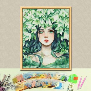 Kit de Peinture Diamant Portrait Femme avec Feuilles Vertes, Perles Rondes, Kit d'Art DIY, Cadre Rectangulaire, Décoration Moderne en Strass de Cristal - Product Image 1