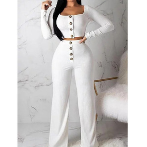 Completo Due Pezzi da Donna 2026, Top Corto Sexy a Maniche Lunghe e Pantaloni, Colletto Quadrato, Tessuto Lavorato a Maglia, <span class=keywords><strong>Abbigliamento</strong></span> <span class=keywords><strong>Casual</strong></span> - Product Image 3