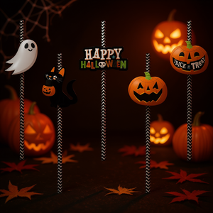 Pajitas de papel de Halloween, juego de 25 piezas con diseño de fantasma, gato negro y calabaza para decoración de fiestas - Product Image 2