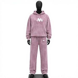 Unisex <b>Pink</b> Hooded <b>Tracksuit</b> <b>Set</b> Cotton Washed Casual Loose Fit Lightweight Drawstring Closure Autumn Full Length Pockets Front - Product Image 1