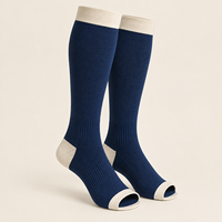 Chaussettes de compression personnalisées à bout ouvert, en tricot de nylon et élasthanne, couleur écru marine, avec support du mollet et ajustement du bout du pied, gradation de taille