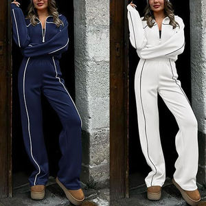 S-2XL Großhandel Hochwertiger Gestreifter Locker Sitzender Sport- und Freizeitanzug mit Reißverschluss Langer Kragen Zweiteiliges Set für Damen - Product Image 3