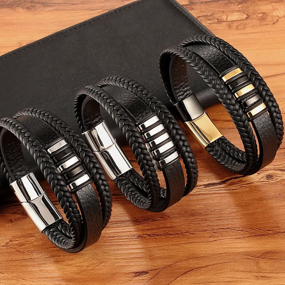 G1412 Whole Sale Men's Leather Hand Jewelry 3 Layers Leather Stainless Steel Bracelets Magnetic Clasp Bracelet