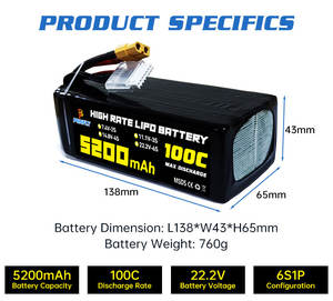 PONFLY 고출력 5200mAh 6S 22.2V 100C FPV 드론 배터리 Lipo 배터리 3S 4S 14.8V 8S 29.6V RC 비행기 리튬 폴리머 배터리 - Product Image 2