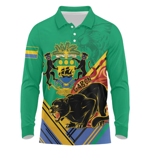 Polo de manga larga para hombre Gabón Independence Day Spirit <span class=keywords><strong>Black</strong></span> <span class=keywords><strong>Panther</strong></span> & Coat of Arms All-Over Print | Top gráfico con base verde - Product Image 1