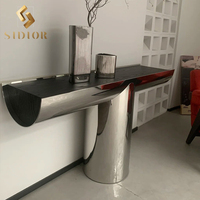 Table console d'entrée en bois de noyer noir haut de gamme avec miroir en métal argenté en acier inoxydable brillant Table longue de couloir