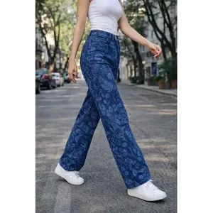 Jeans a gamba dritta con stampa floreale da donna Adrenaline, pantaloni in denim lavabili a vita alta per abbigliamento casual - Product Image 3