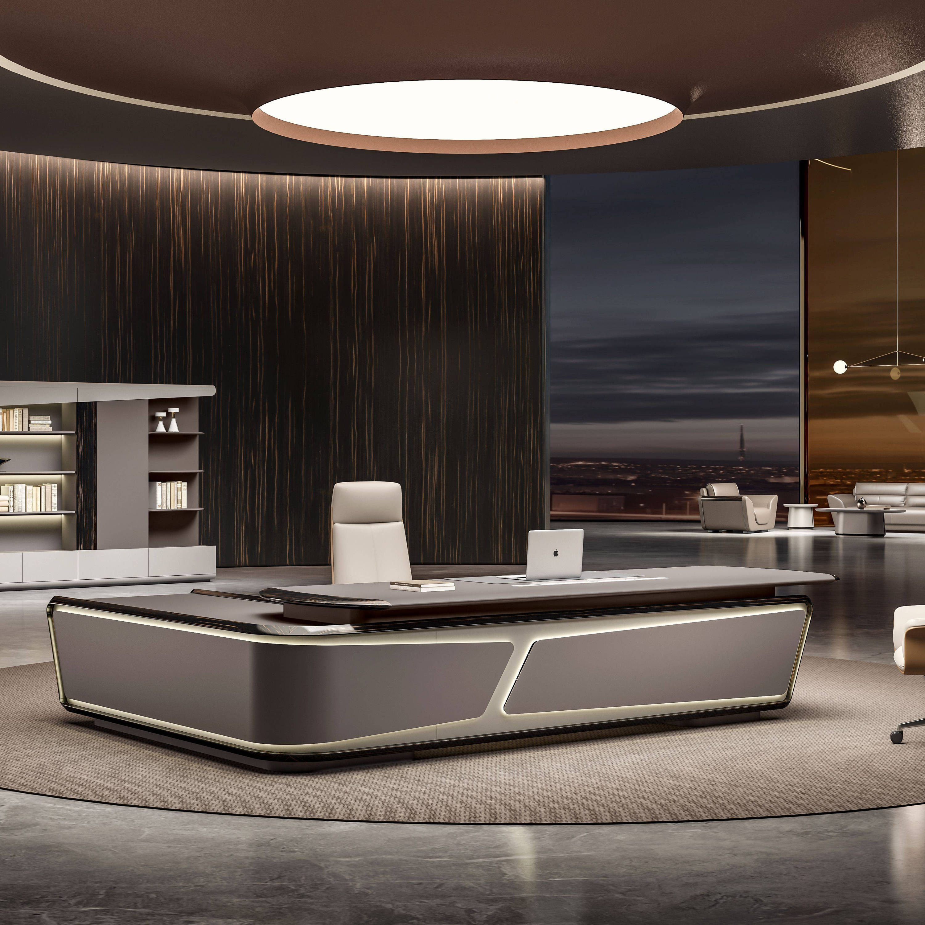High-End Modern Design Executive Desk L-Shape Manager Big Boss Commercial Office Furniture Leather Surface Wood for Home Use