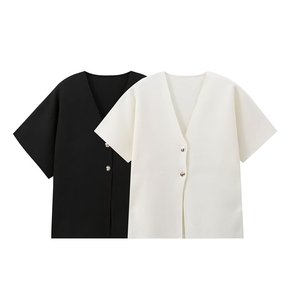 เสื้อถักคอวีแขนสั้นผู้หญิง แฟชั่นเสื้อคอวีสีพื้น - Product Image 1