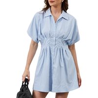 Robe chemise plissée boutonnée pour femme, manches courtes, rayée, mini, décontractée, pour tous les jours, en tissu tissé respirant