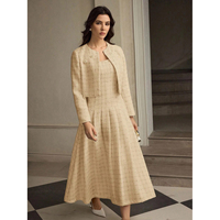 Fabricant OEM ODM sur mesure, ensemble deux pièces en tweed kaki pour femmes, veste courte, robe mi-longue plissée sans manches, hiver, marque privée