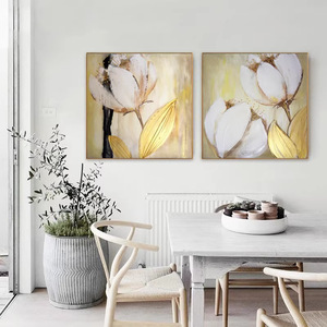 Hand Painted Abstract Magnolia Oil Painting Set 2 Panels Metal <b>Frame</b> Nordic Style Living Room Wall Art Decor - Product Image 4