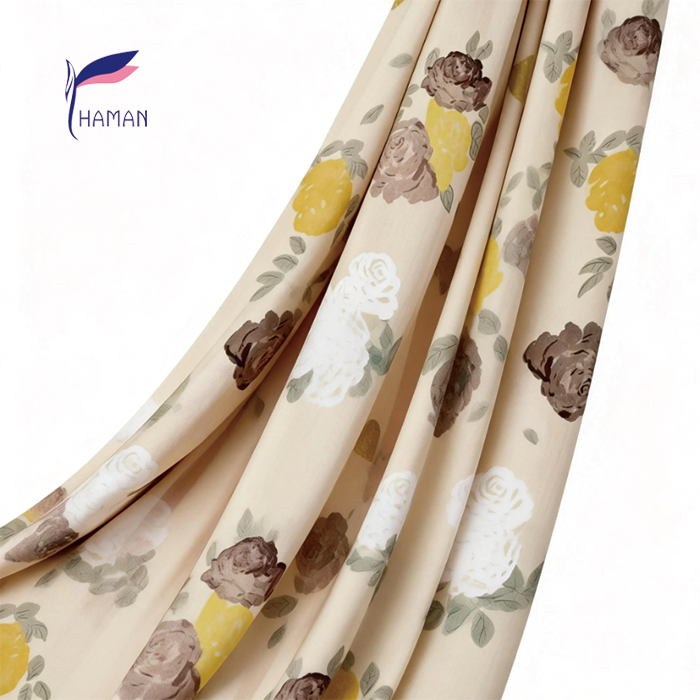Soft Breathable 60s Viscose Fabric with Yellow Brown White Rose Print Skin-Friendly for Kids' Apparel