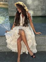 Robes d'été 2026 pour femme : Robes de vacances élégantes à col revers, col en V, sans manches, plissées, taille haute, chic, unies, à volants, longues