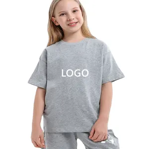 2023 wholesale 100% cotton kids t shirts oversize drop shoulder girl plain blank solid grey t shirt for teen size 8 10 12 14y