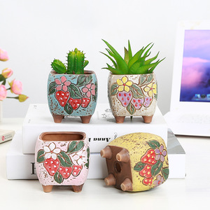 Mini Maceta Cuadrada <span class=keywords><strong>para</strong></span> Suculentas con Diseño de Fresa Pintada a Mano, Color Verde - Product Image 1