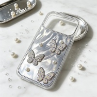 Étui de téléphone de luxe 3D avec perles et papillons, avec dragonne, pour iPhone 16 15 14 Pro Max, coque argentée scintillante, Fundas Para Celular