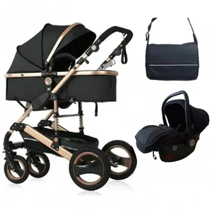 婴儿婴儿车婴儿车，带汽车座椅轻便婴儿车折叠婴儿车3合1，适合新生儿幼儿 (金色框架)
