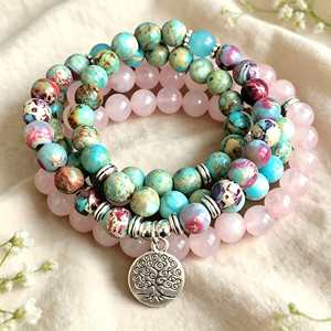 Collana Vintage 108 con Perline, Ciondolo Albero della Vita, Quarzo Rosa, Diaspro Imperiale, Cristallo Curativo, Gioielli da Donna - Product Image 1