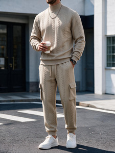 <b>Men</b> Cable Knit <b>Turtleneck</b> <b>Sweater</b> Set Solid Color Pullover Jogger Pants 400g Front Logo Autumn Winter Casual Wear - Product Image 4