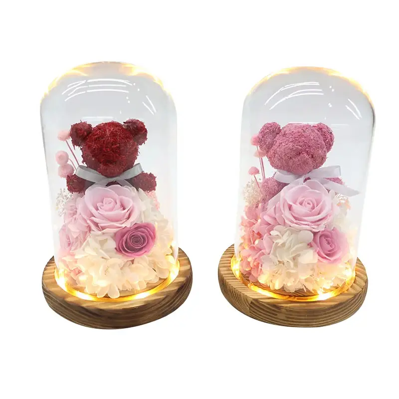 INUNION Venta caliente 5-6cm rosas preservadas y Hortensia roja en jarrón de cristal Cloche boda Navidad graduación decoraciones