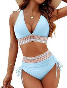 European and American Women's <b>High</b>-<b>Waisted</b> Bikini Split Color Abdominal <b>Swimsuit</b> with Drawstring Gathered 1 Piece Suit - Product Image 6