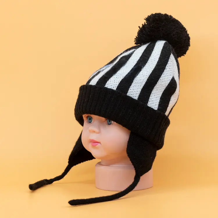 Winter Soft Boy Caps Children's Pom Pom Black Stripe Winter Hat Knit Beanies