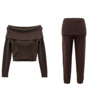 Ensemble tricoté 2 pièces pour femme : Haut épaules dénudées et jupe courte taille haute superposée, pantalon slim côtelé – Vente en gros