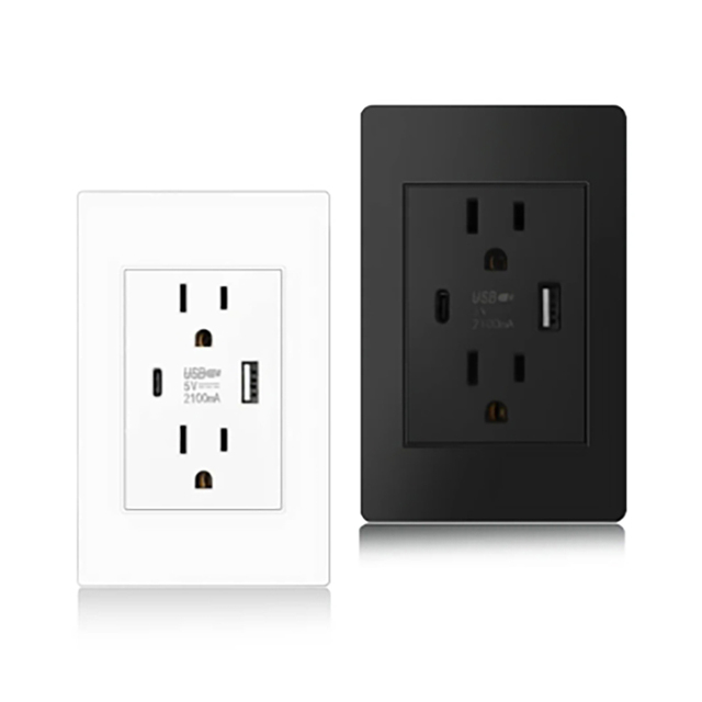 US Standard Wall Socket With USB Type-C Charging Port 5V 2.1A, 118mm*75mm Fireproof PC Panel Wall Power US Outlet