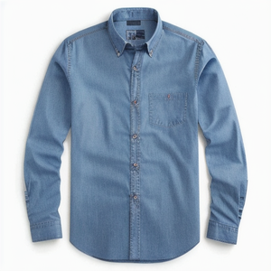 メンズカジュアル長袖デニムシャツ100% コットンターンダウンカラーボタンフロントヴィンテージ通気性ポケットデザイン - Product Image 1